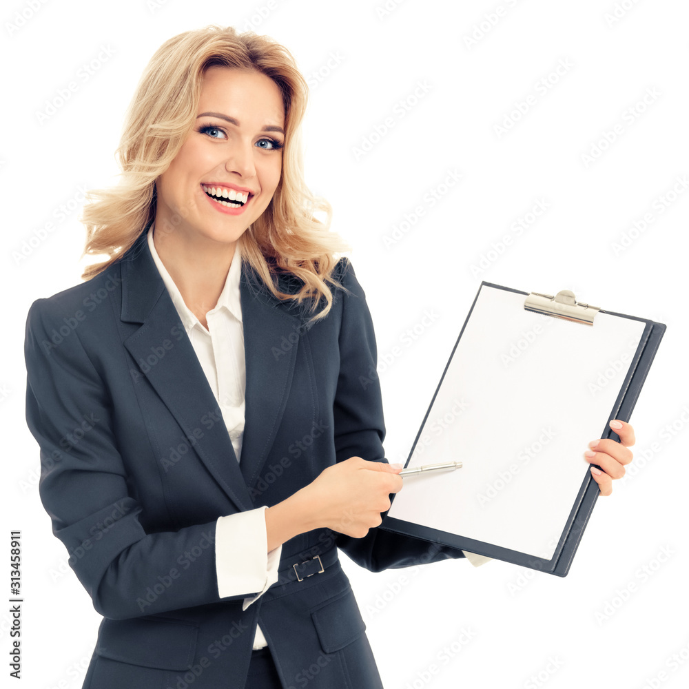 Businesswoman in grey confident suit, showing blank clipboard, with copy space for some text or slogan, isolated over white background. Business success concept. Square composition.