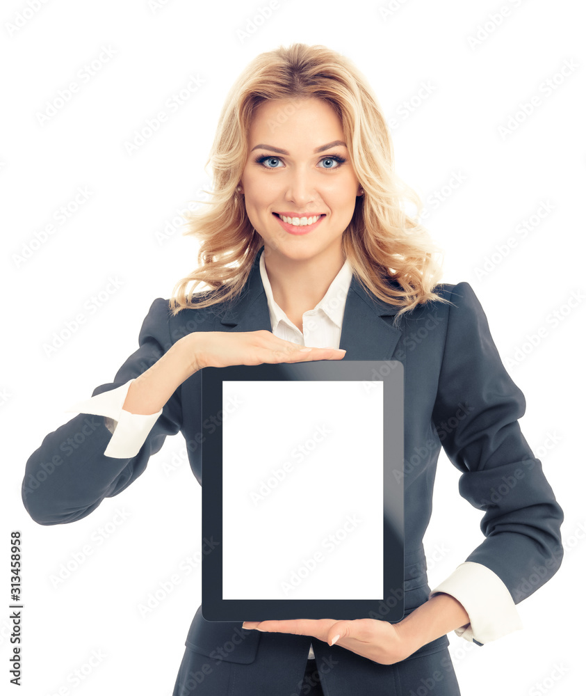 Portrait of businesswoman in grey confident suit, showing blank no-name tablet pc monitor with copy space area for slogan or text, isolated over white background. Square composition. Portrait of businesswoman in grey confident suit, showing blank no-name tablet pc monitor with copy space area for slogan or text, isolated over white background. Square composition.