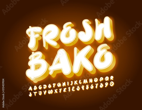 Vector stylish Emblem Fresh Bake. Playful 3D Font. Handwritten Alphabet Letters and Numbers.