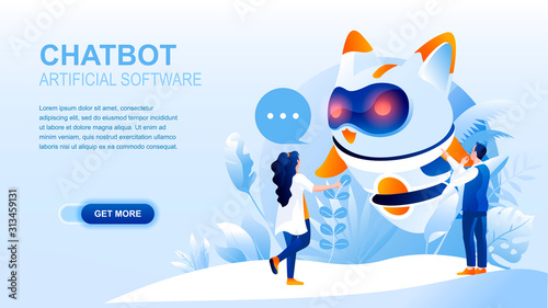 Chatbot flat landing page with header, banner vector template. Artificial intelligence and software website layout. Modern technologies, digital conversational partner, virtual assistant web page