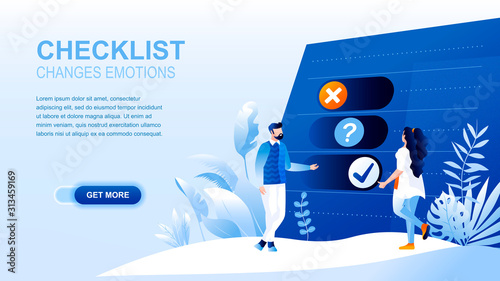 Checklist flat landing page with header, banner vector template. To do list, documentation of tasks, scheduling, planning, arranging tasks according to date and time website layout