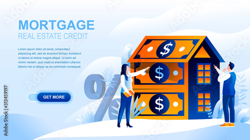 Mortgage flat landing page with header, banner vector template. Loan to buy real property, real estate, housing, accomodation website layout. People cartoon characters, house made of dollar banknotes