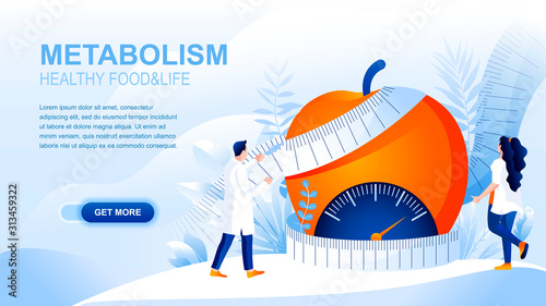 Metabolism flat landing page with header, banner vector template. Healthy food and body, dieting, losing weight website layout. Treating obesity webpage. Nutritionist cartoon character