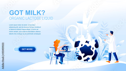 Organic milk flat landing page with header. Natural dairy products banner vector template. Healthy food, lactose free nutrition, dieting website layout. Lab worker cartoon character