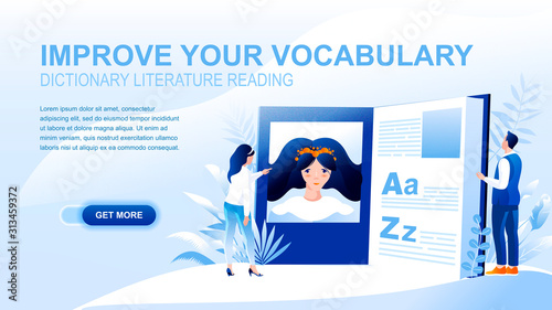 Vocabulary improvement flat landing page with header. Learning new words and phrases, reading literature. Online dictionary website layout, foreign language courses banner vector template