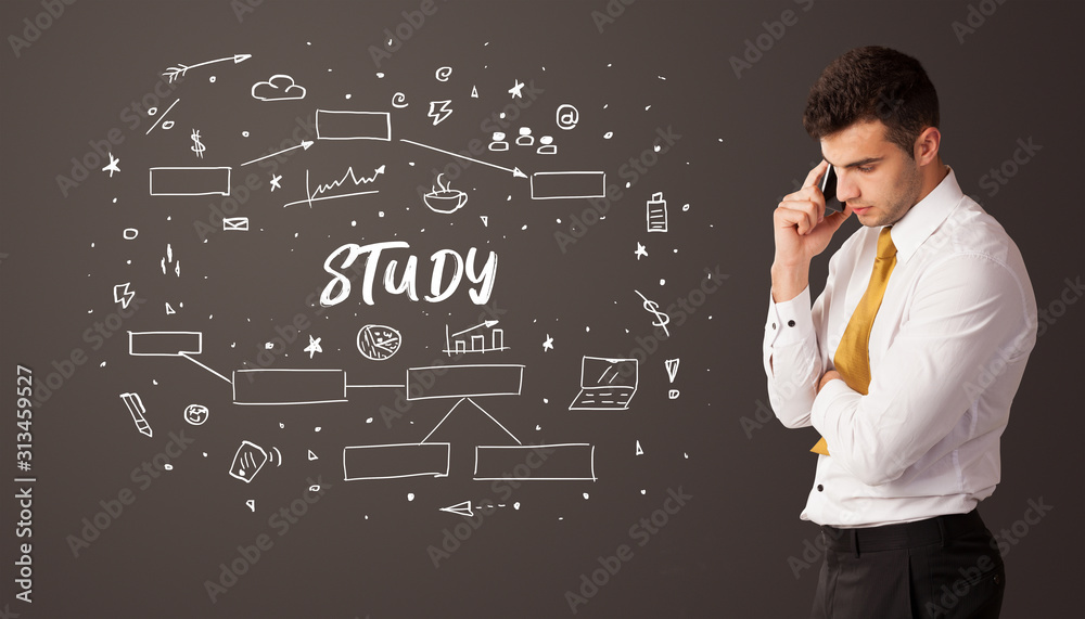 Businessman thinking with STUDY inscription, business education concept Businessman thinking with STUDY inscription, business education concept