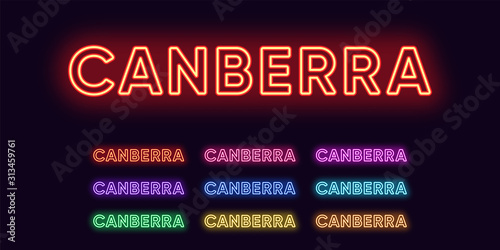 Neon Canberra name, capital city in Australia. Neon text of Canberra city
