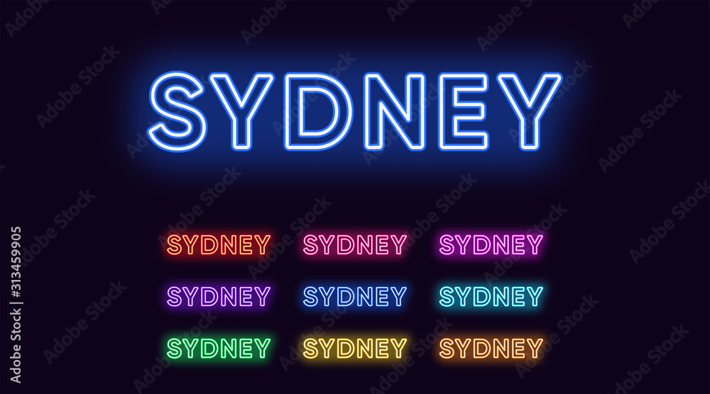 Neon Sydney name, city in Australia. Neon text of Sydney city