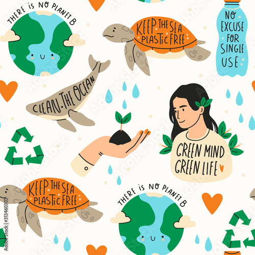 Earth day. Save the planet theme. Zero waste, plastic free concept. Green world, ecology problem. Hand drawn vector seamless pattern. Trendy illustration. Various quotes. Background texture. Wallpaper