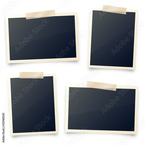 Realistic blank photo card frame, film set. Retro vintage photograph with adhesive tape and shadow. Digital snapshot image. Photography art. Template or mockup for design. Vector illustration.