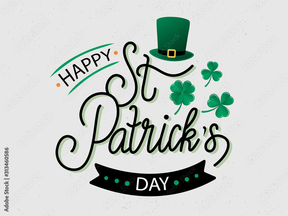 Naklejka Vector hand drawn St. Patrick’s Day logotype. Lettering typography with leprechaun’s hat, shamrocks and design elements. Festive illustration for poster, flyer, party invitation, tee, badge, icon