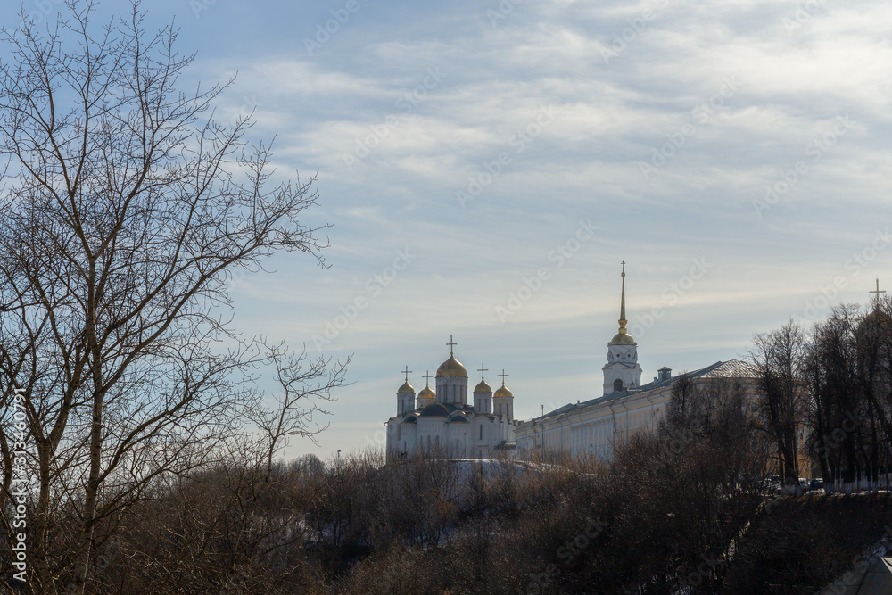 The panorama is with the Holy Dormition Cathedral. There is a Sunny day in early spring. Vladimir, Russia.