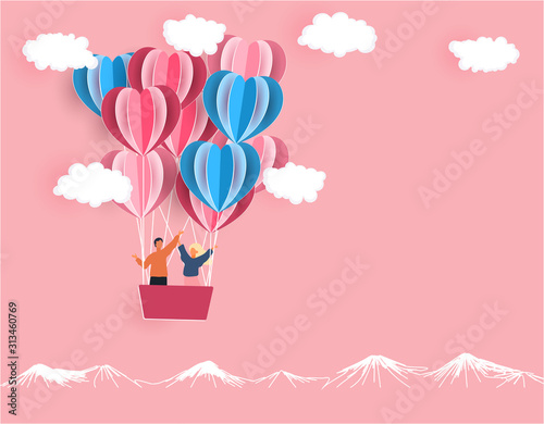 Valentine's Day. A young joyful couple is flying in the same boat. Balloons in the shape of hearts carved from paper. illustration