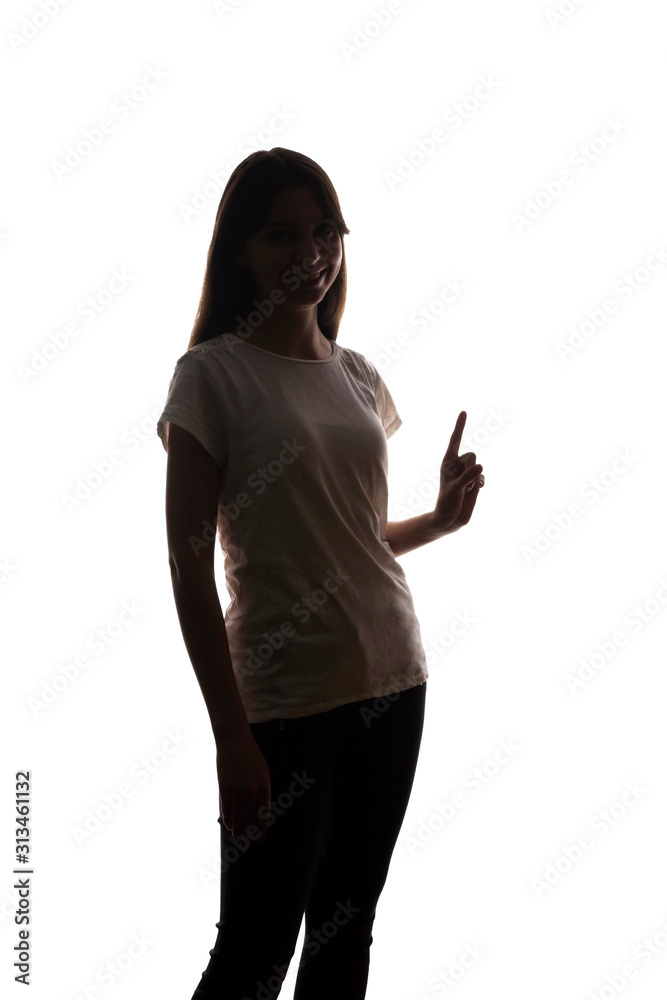 Young woman shows his index finger, hand forward Young woman shows his index finger, hand forward