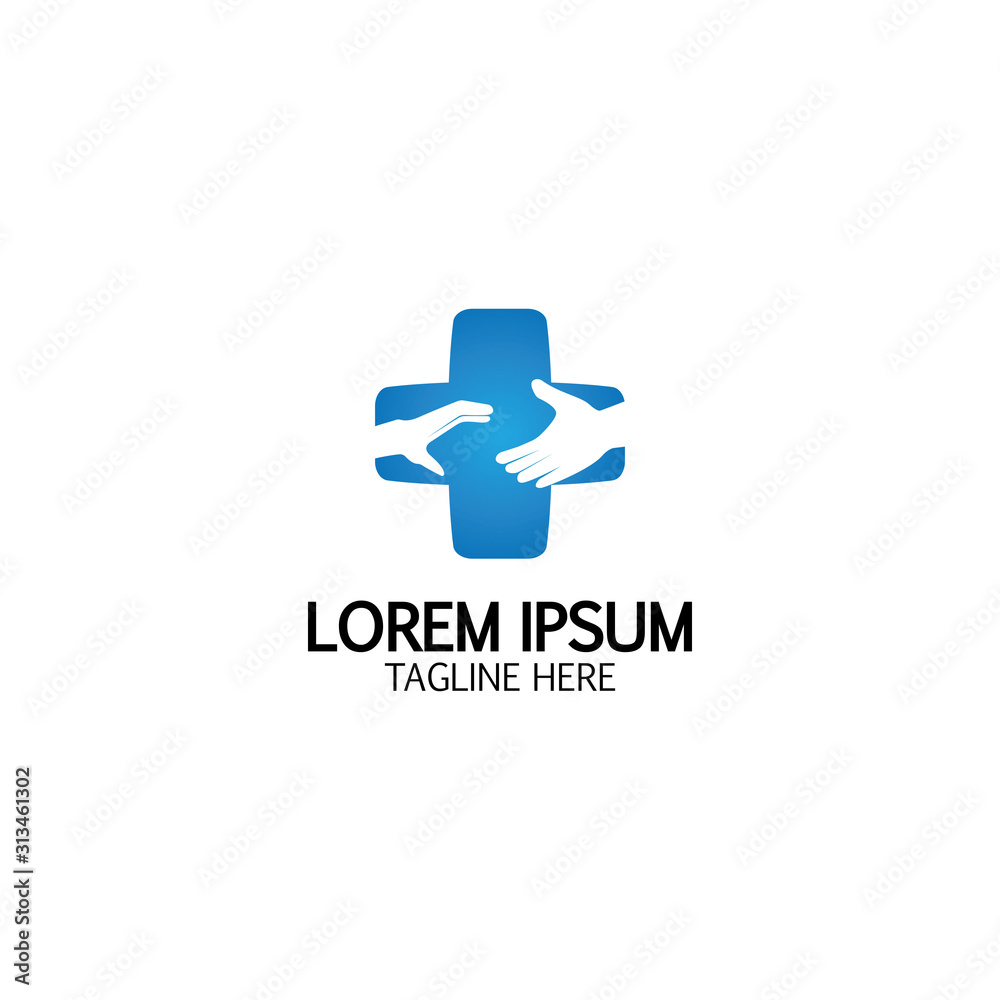 Cross Medical Logo With Hand Care. Medical Secure Logo Template Design Vector Cross Medical Logo With Hand Care. Medical Secure Logo Template Design Vector