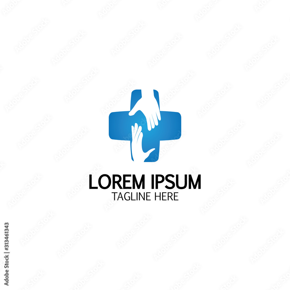 Fototapeta premium Cross Medical Logo With Hand Care. Medical Secure Logo Template Design Vector