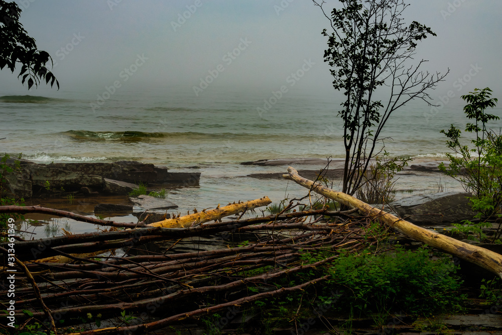 This is a view of Lake Superior near Eagle Harbor in Michigan, on a stormy day. Logs have fallen on the rocky shoreline.
