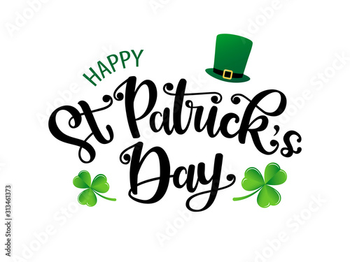 Vector Hand drawn St. Patrick’s Day logotype. Lettering typography with leprechaun’s hat and shamrocks on white background. Festive design for print, poster, flyer, party invitation, icon, badge, sign