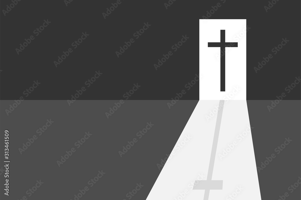 Your way out is the cross of Jesus Christ. The symbol of the Christian faith. Monochrome gray shades. With place for text. Minimal flat lay. For religious holidays and memories.