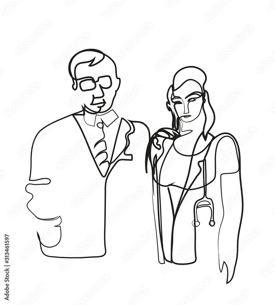 One continuous line drawing of male and female doctors Simple line art drawing of medical workers teamwork. One continuous line drawing of male and female doctors Simple line art drawing of medical workers teamwork.