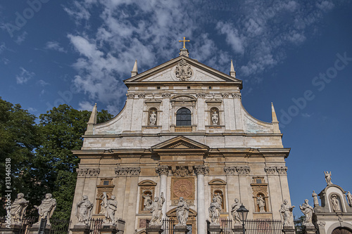 Architectural fragments of Polish Baroque church of Saints Peter and Paul facade (1619) in Krakow Old Town. Krakow, Poland.