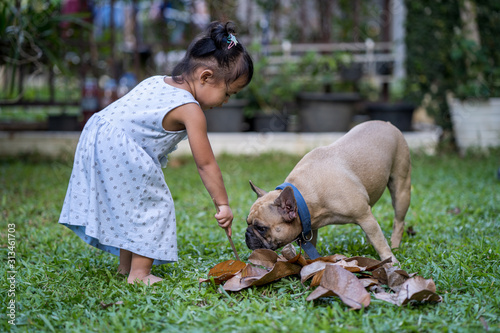 Cutel little girl playing in garden with her french bulldog. photo