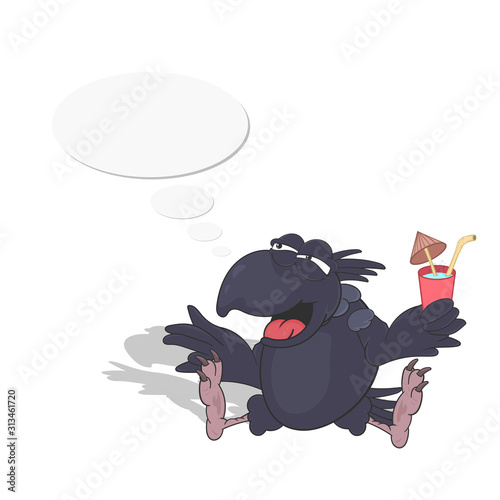 A crow sits with a glass of cocktail. Cartoon vector illustration isolated on white background with shadow.