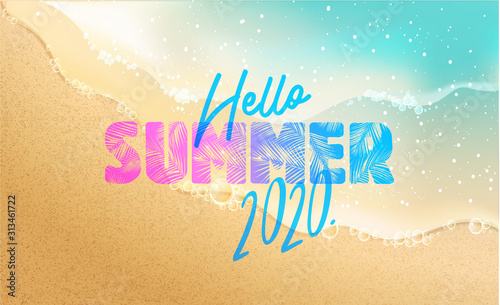 New 2020 year in the South, the sea. Sea surf. Blue wave is coming ashore. Summer Time banner. New trendy realistic sand and sea texture. Season vocation, weekend, holiday logo. Summer Time Wallpaper.