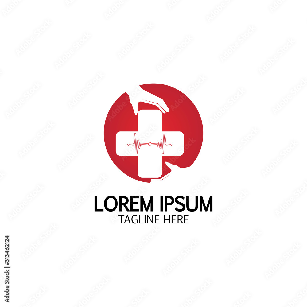 Obraz premium Cross Medical Logo With Hand Care. Medical Secure Logo Template Design Vector