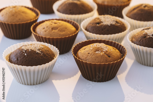 Cupcake. Tasty food cake. Chocolate muffins sprinkle with powdered sugar. Bakery products. Black and white, light and shadow