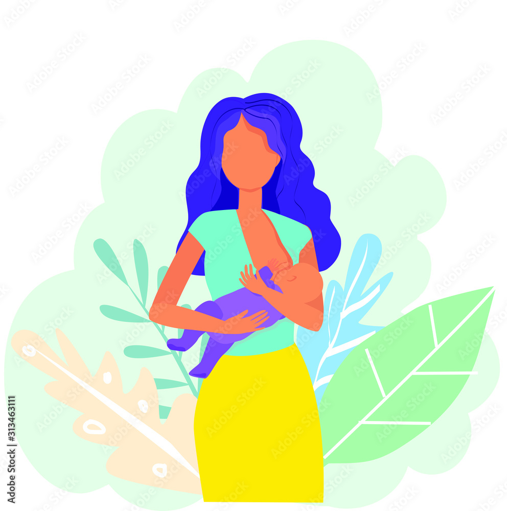 Breastfeeding illustration, mother feeding a baby with breast with nature and leaves background. Healthy lactation and motherhood.Concept vector illustration in cartoon style. Breastfeeding illustration, mother feeding a baby with breast with nature and leaves background. Healthy lactation and motherhood.Concept vector illustration in cartoon style.
