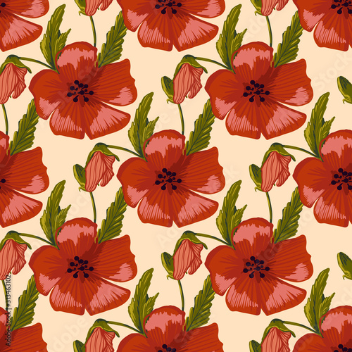  seamless pattern simple red poppies. Scattered red flowers vector pattern background