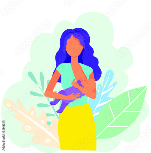 Breastfeeding illustration, mother feeding a baby with breast with nature and leaves background. Healthy lactation and motherhood.Concept vector illustration in cartoon style.