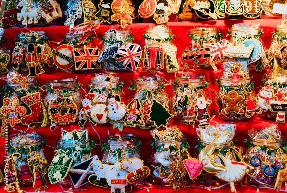 Christmas souvenirs in a stall at the Christmas market of Leicester Square in London