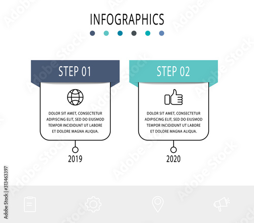Vector infographic flat template. Rectangles for two diagrams, graph, flowchart, timeline, marketing, presentation. Business concept with 2 labels