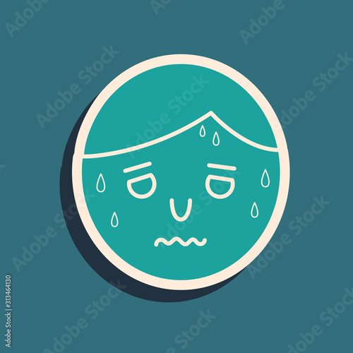 Green Man with excessive sweating icon isolated on blue background. Long shadow style. Vector Illustration