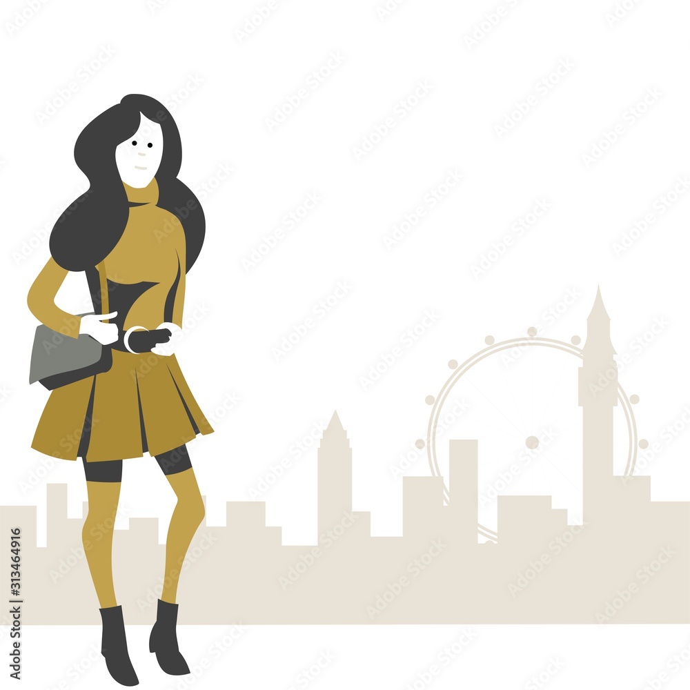 Girl in fashionable clothes walking against the background of a modern city. Flat vector illustration. Girl in fashionable clothes walking against the background of a modern city. Flat vector illustration.
