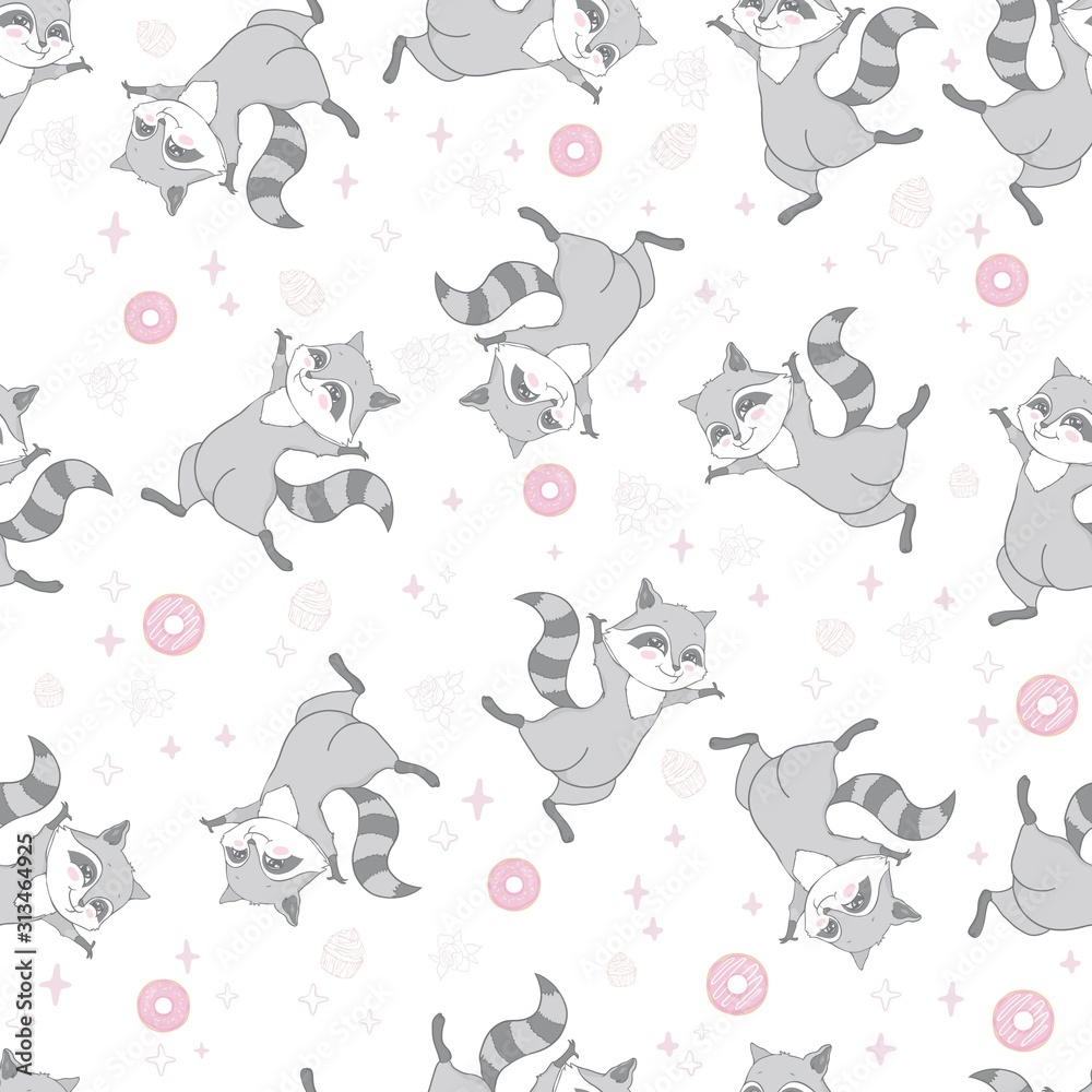 Vector seamless pattern with cute raccoon, donuts and lollipops on a pink background. Vector illustration.