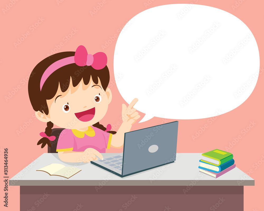 students girl sitting with laptop and talking with Speech Bubble students girl sitting with laptop and talking with Speech Bubble