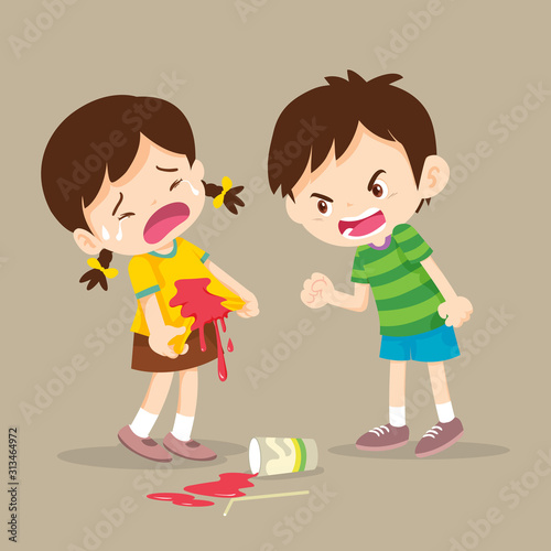 children boy bullyed the bad habit to friend with a drink falling onto the floor