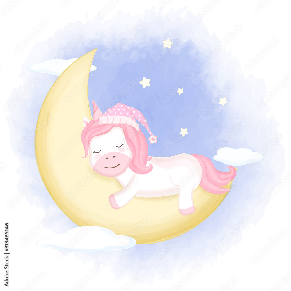 Cute unicorn asleep on crescent moon hand drawn cartoon animal illustration watercolor Cute unicorn asleep on crescent moon hand drawn cartoon animal illustration watercolor