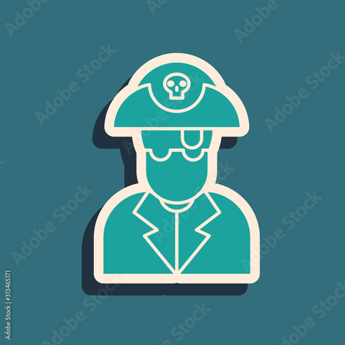 Green Pirate captain icon isolated on blue background. Long shadow style. Vector Illustration