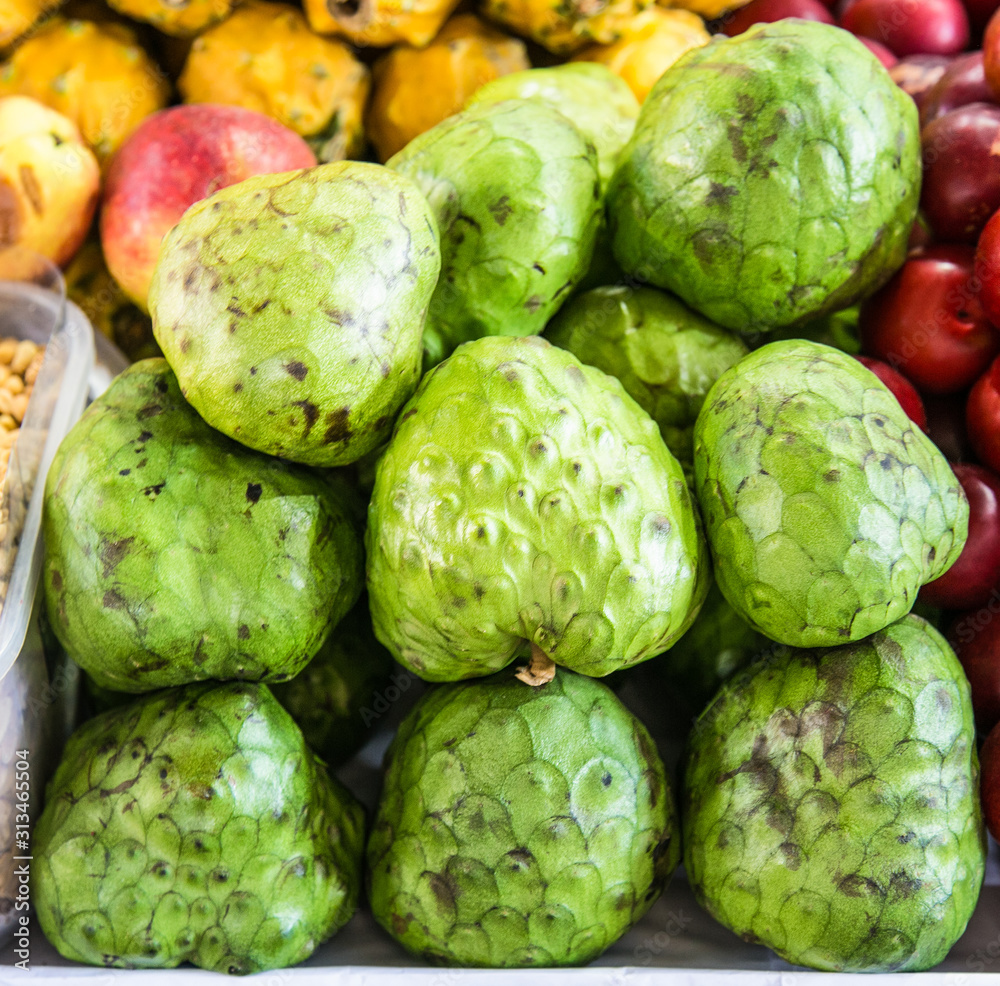 Fototapeta premium Exotic fresh fruits to sell on San Pedro market in Cusco, Peru.