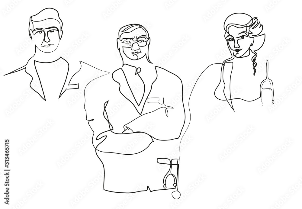 One continuous line drawing of medical workers. Simple line art drawing of doctor team. One continuous line drawing of medical workers. Simple line art drawing of doctor team.