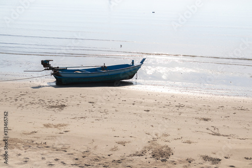 Small fishing boats aground on the beach with trees in the background.