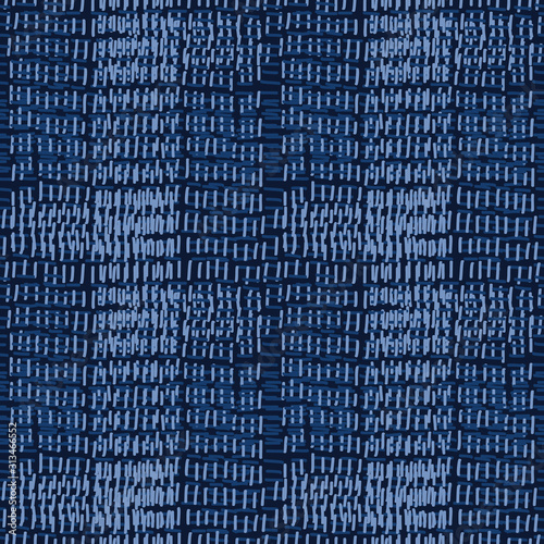 Embroidery boro patch kantha vector pattern. Asian needlework seamless background indigo blue style. Sashiko running hand stitch. Texture textile print. Japan decor. Masculine ethnic quilting tile 