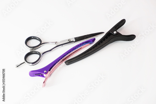 hairdressing scissors and pins isolated