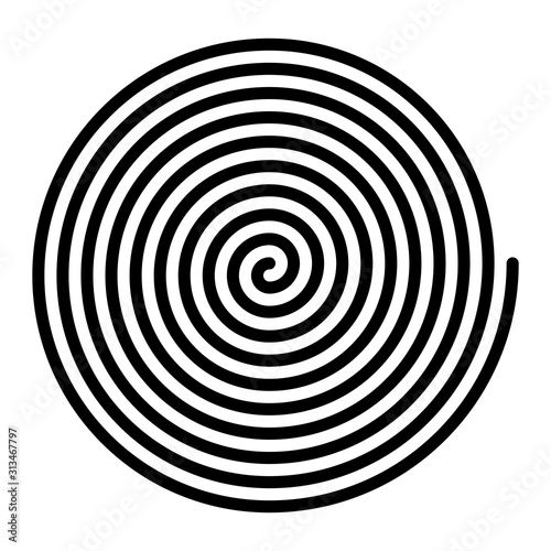Large linear spiral. Archimedean spiral of black color with ten turnings of one arm of an arithmetic spiral, rotating with constant angular velocity. Isolated illustration on white background. Vector.