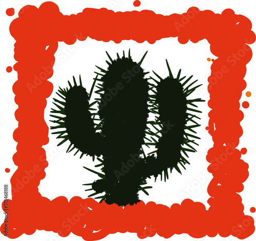 Carelessly drawn candelabrum mexican cactus in a rough frame isolated on white background