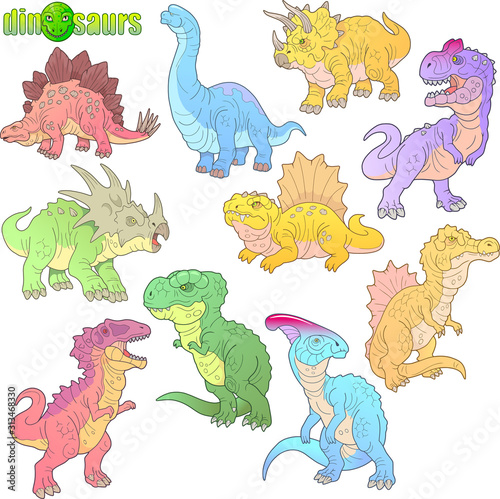 cartoon ancient prehistoric dinosaurs, set of images, funny illustrations